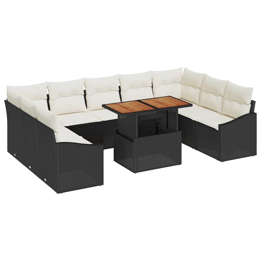 10-piece garden dining set with cushions, black poly rattan and acacia wood