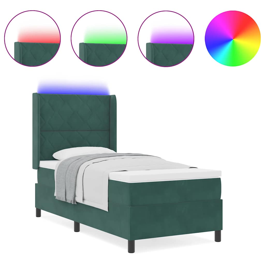 LED dėžės spyruoklinė lova su čiužiniu Geometric Tamsiai žalia