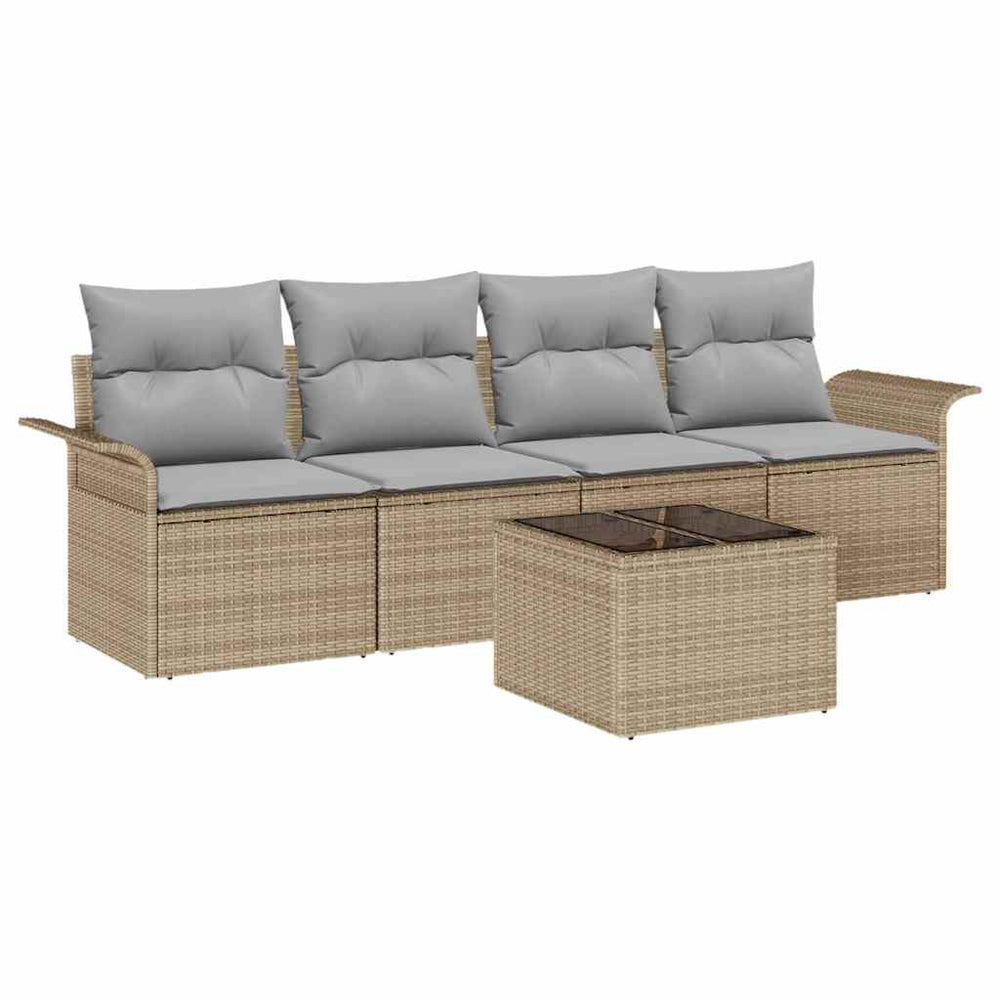 5-piece garden sofa set with cushions, sand-colored poly rattan
