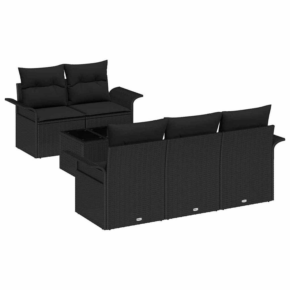 6-piece garden sofa set with black cushions, poly rattan