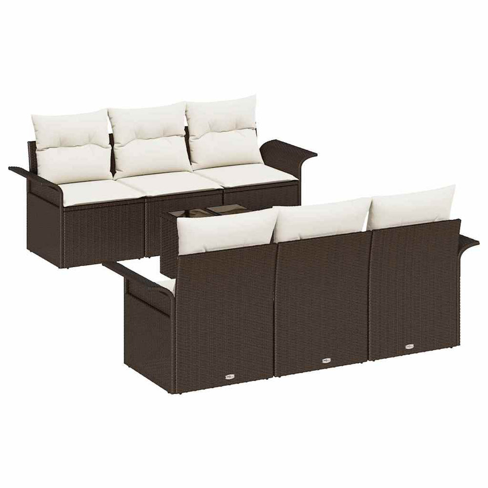 7-piece garden sofa set with cushions in brown poly rattan