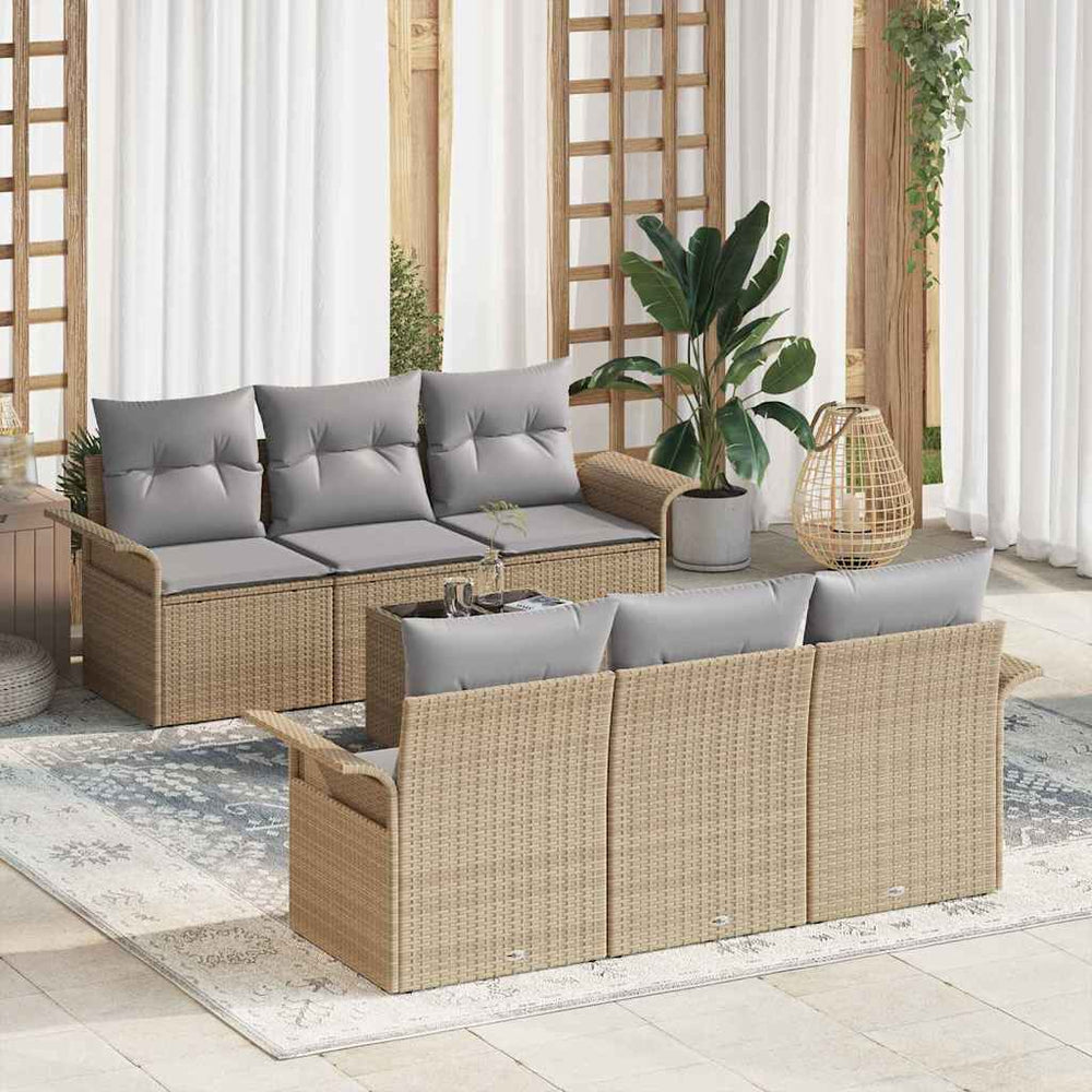 7 dalių sodo sofų komplektas su pagalvėlėmis smėlio spalvos poli rattan