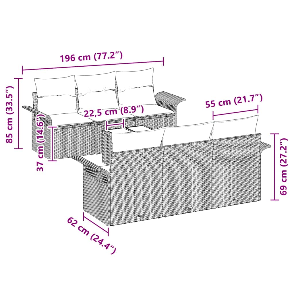 7 dalių sodinė sofa su pagalvėlėmis ir juoda poli ratanine konstrukcija