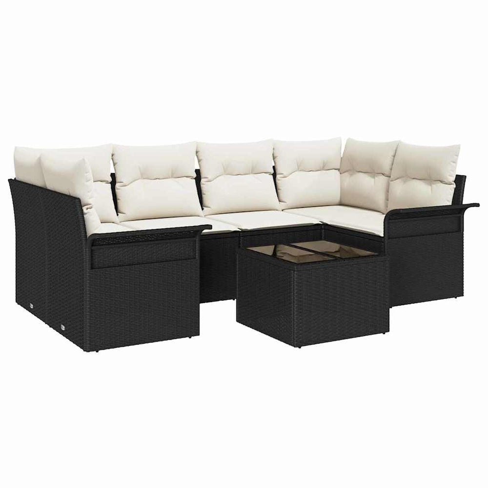 7-piece garden sofa set with cushions, black poly rattan