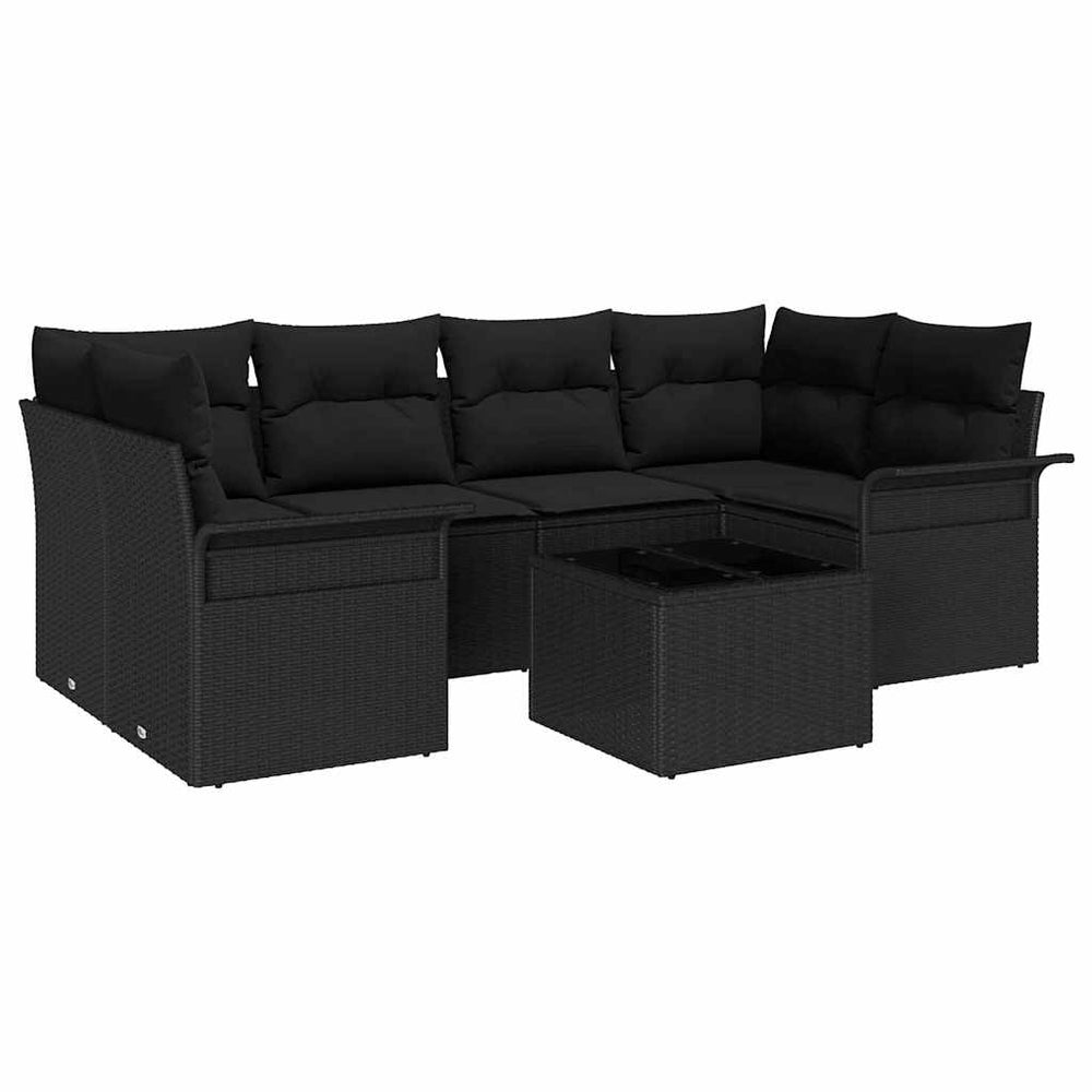 7 dalių sodo sofos komplektas su pagalvėmis, juodas poly rattan.