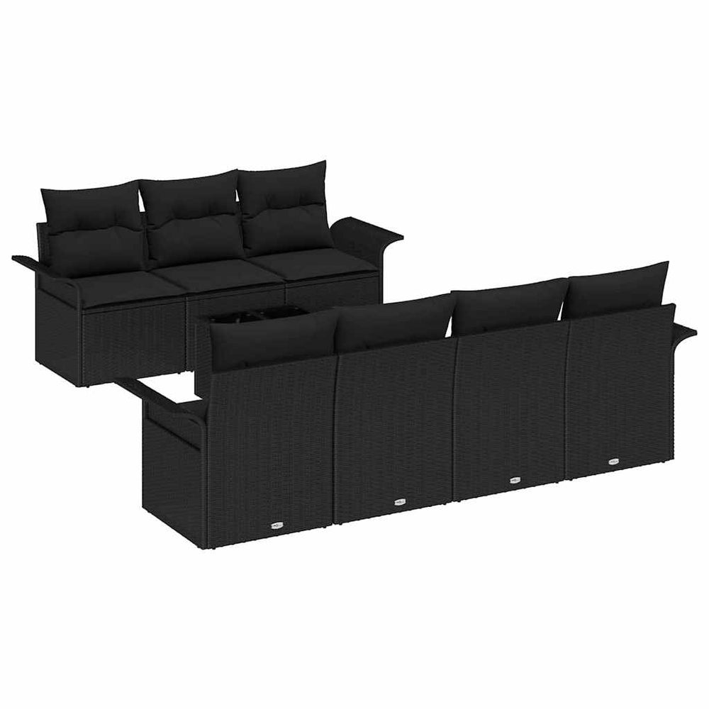 8-piece garden sofa set with cushions, black poly rattan