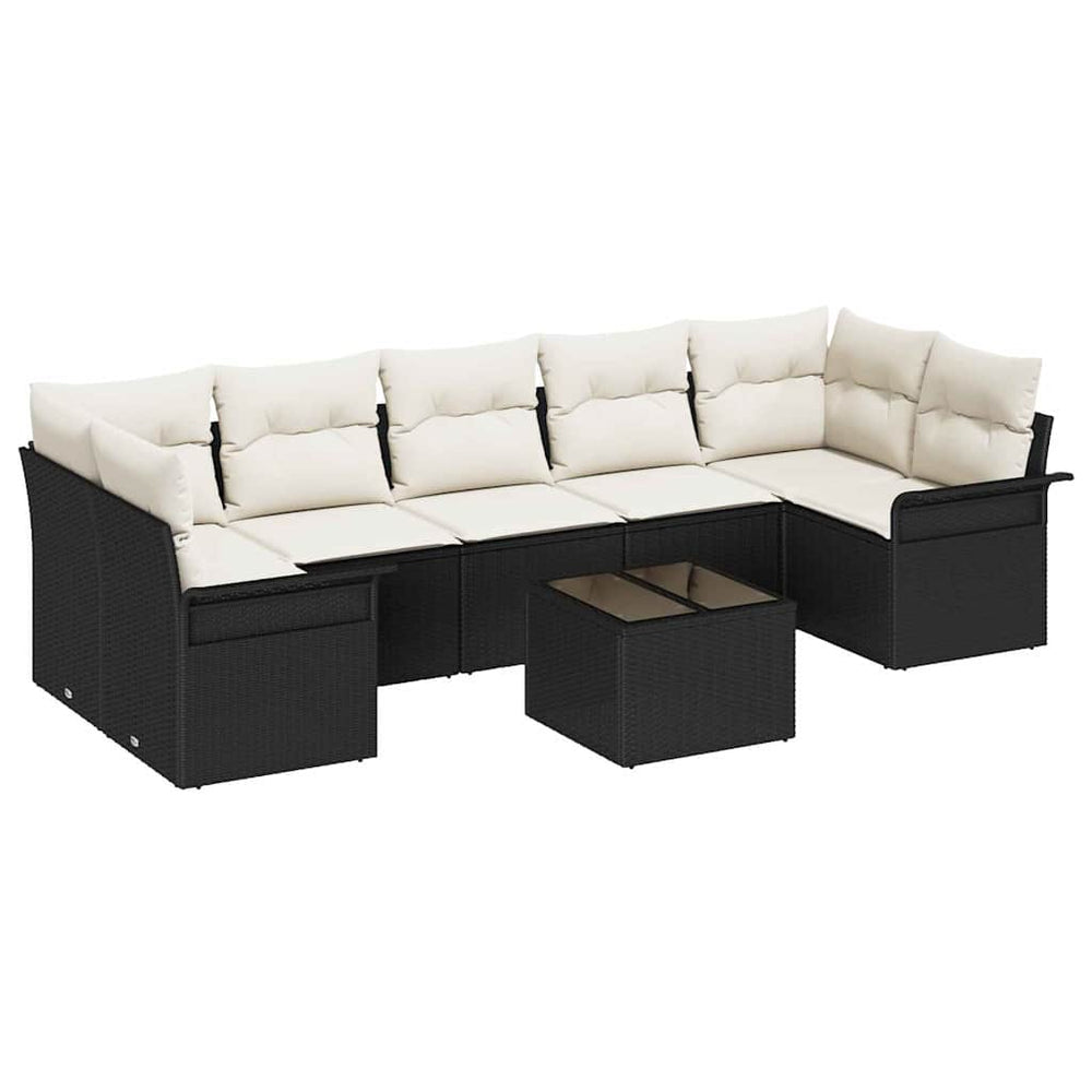 8-piece garden sofa set with cushions, black poly rattan