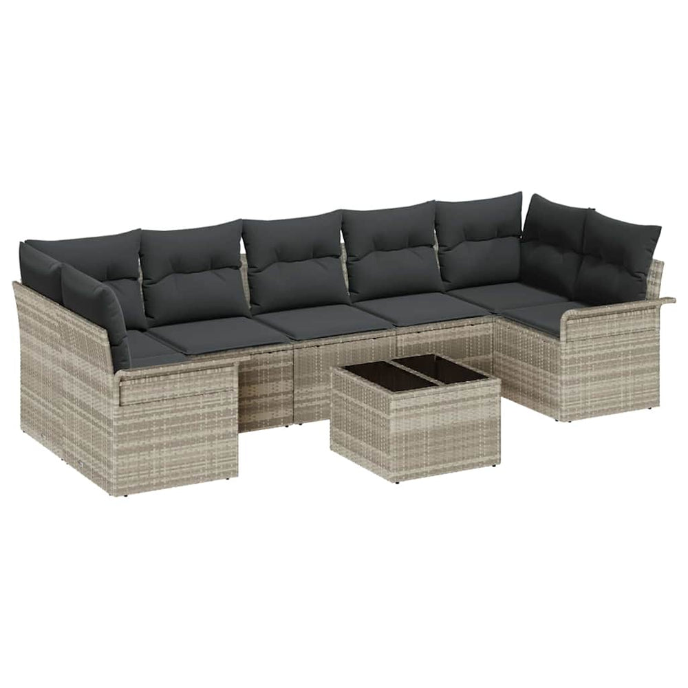 8-piece garden sofa set with cushions, light grey poly rattan