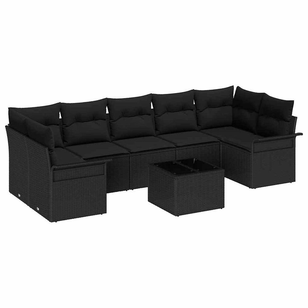 8-piece garden sofa set with cushions, black poly rattan