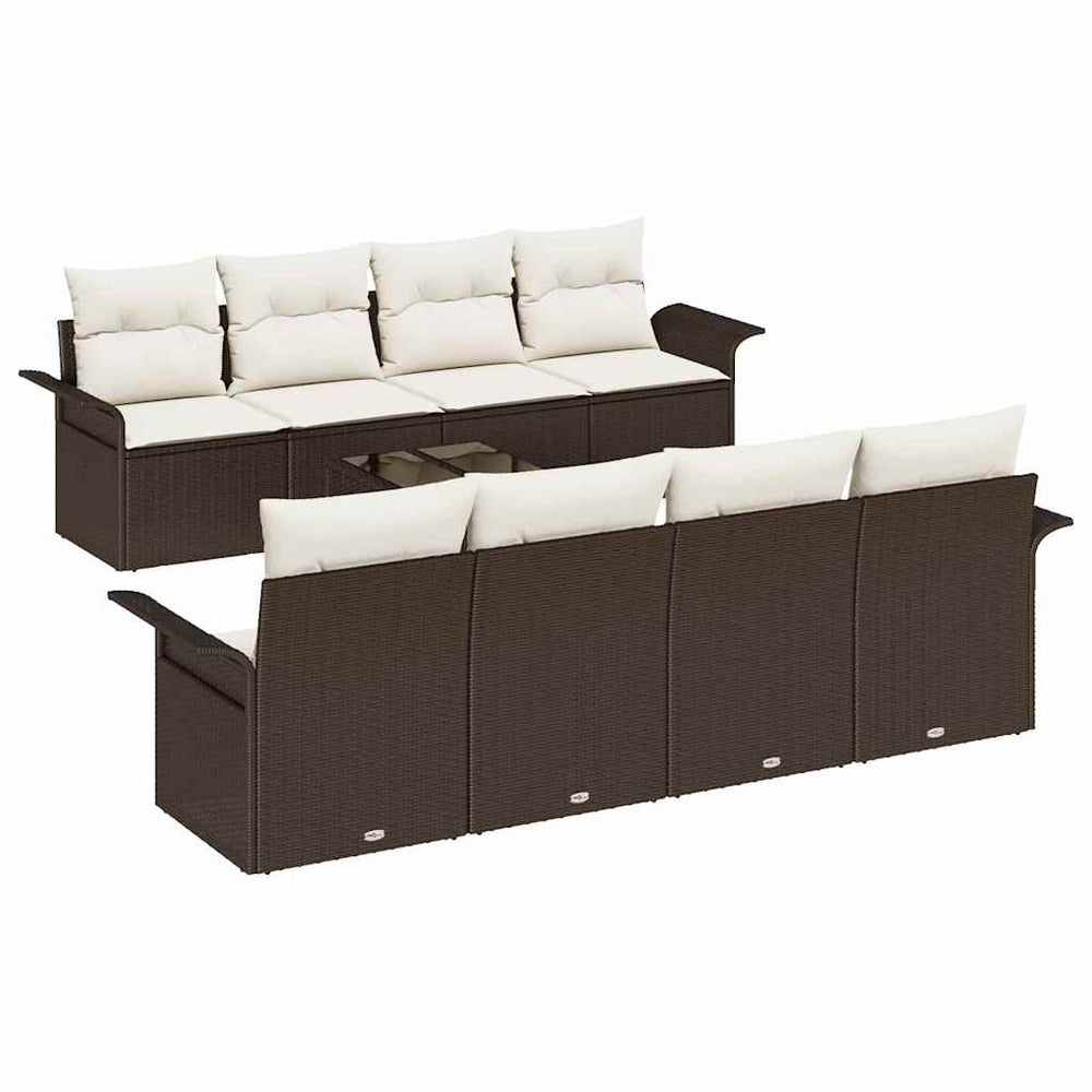 9-piece garden sofa set with cushions, brown poly rattan