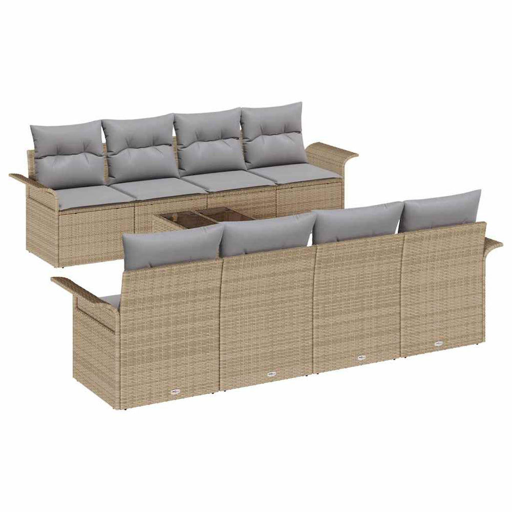 9-piece garden sofa set with cushions, sand-coloured, poly rattan