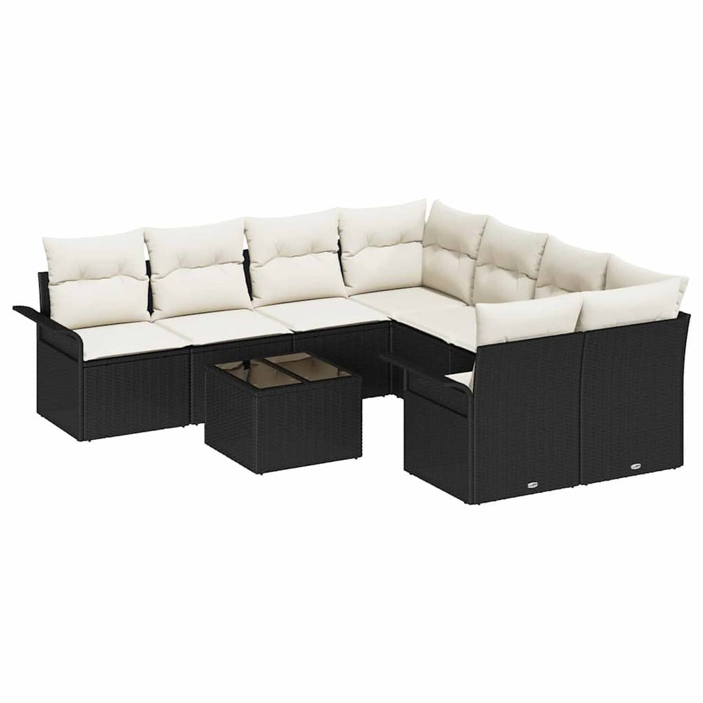 9-piece garden sofa set with cushions, black poly rattan