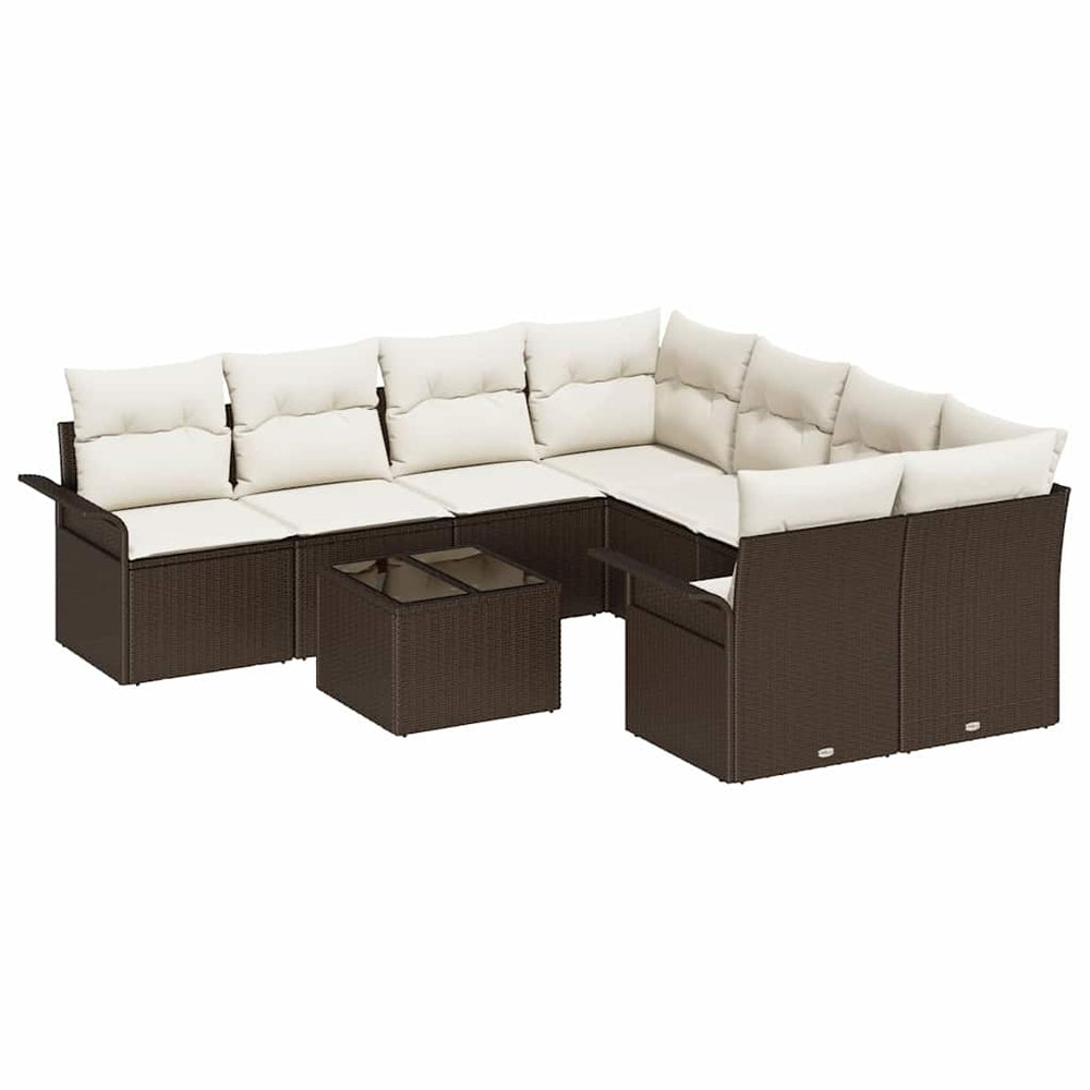 9-piece garden sofa set with cushions, brown poly rattan