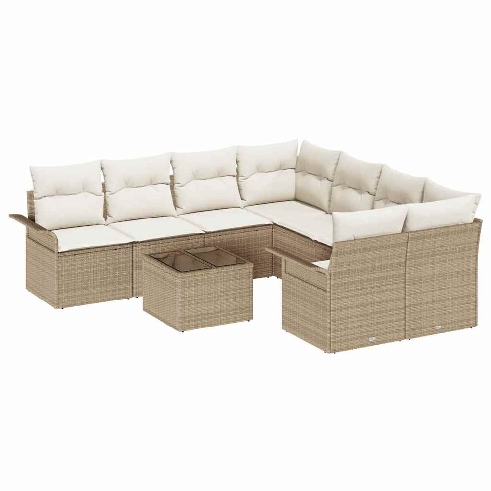9-piece garden sofa set with cushions, light beige, poly rattan.