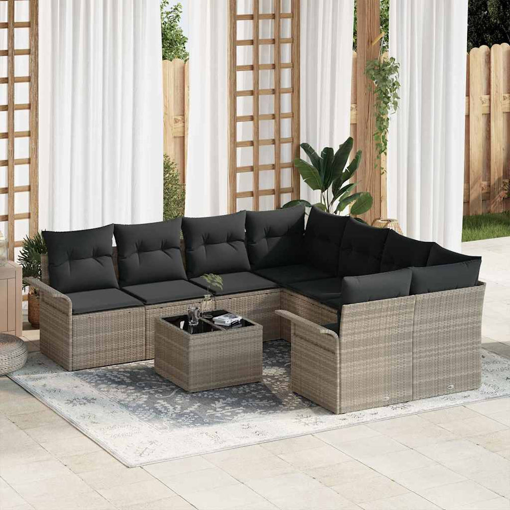 9 dalių sodo sofa rinkinys su pagalvėm šviesiai pilkame poliratanė
