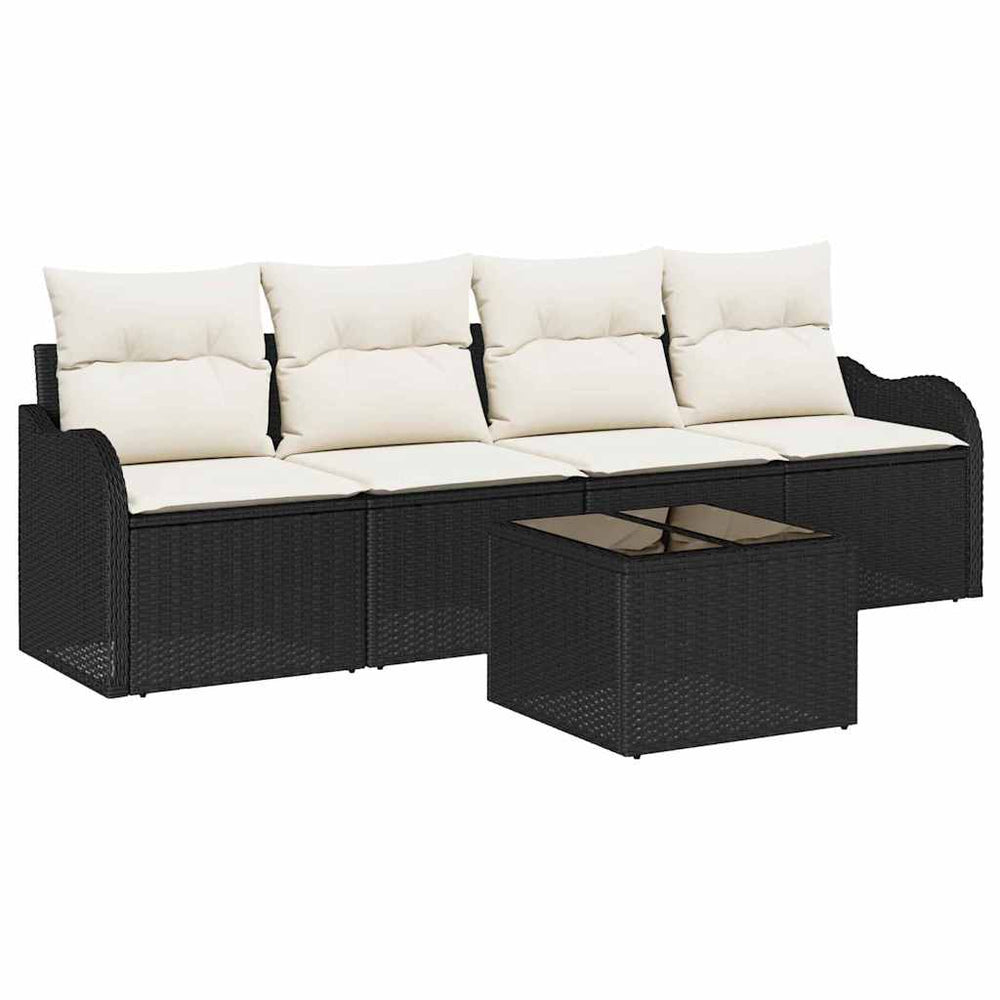 5 Piece Garden Sofa Set with Cushions Black Poly Rattan