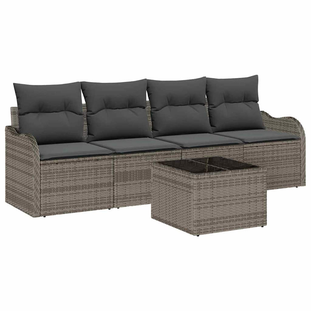 5 Piece Garden Sofa Set with Cushions, Grey, Poly Rattan
