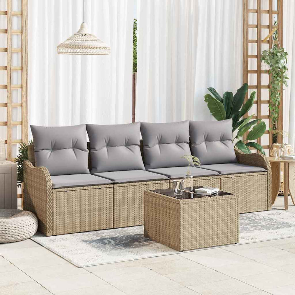 5 dalių sodo sofas rinkinys su pagalvėlėm, smėlio spalvos poliratanas