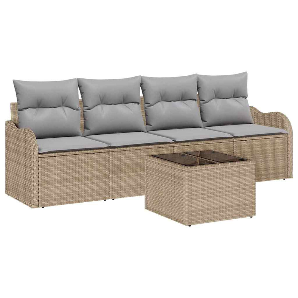 5-piece garden sofa set with cushions, sand-colored poly rattan