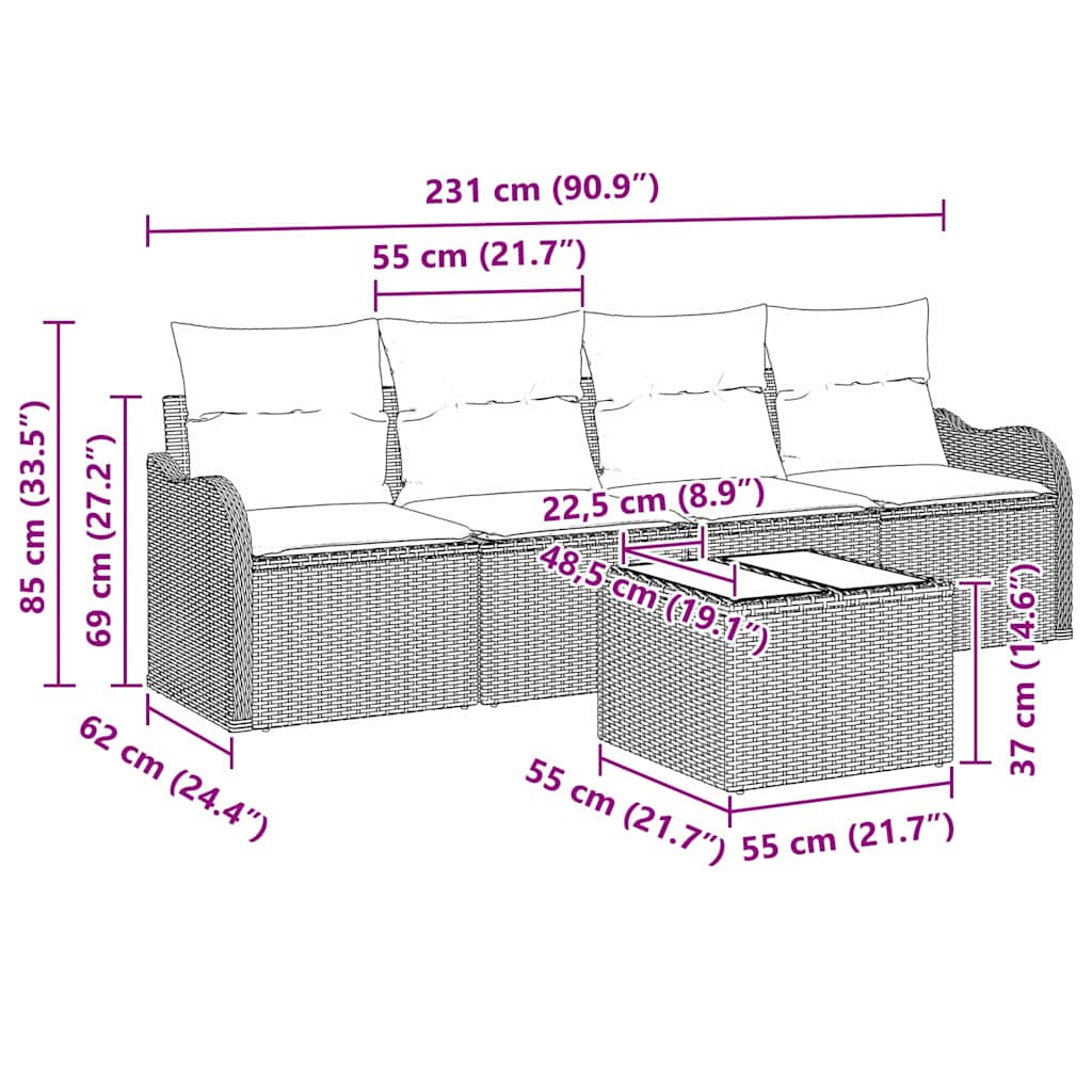 5 dalių sodo sofas rinkinys su pagalvėlėm, smėlio spalvos poliratanas