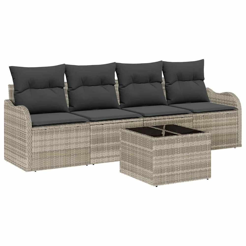5-piece Garden Sofa Set with Cushions, Light Grey Poly Rattan