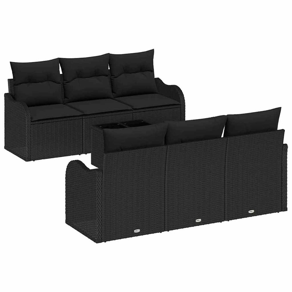 7-piece garden sofa set with cushions, black poly rattan