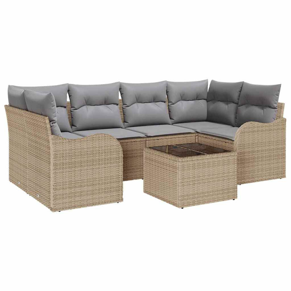 7-piece garden sofa set with cushions sand poly rattan