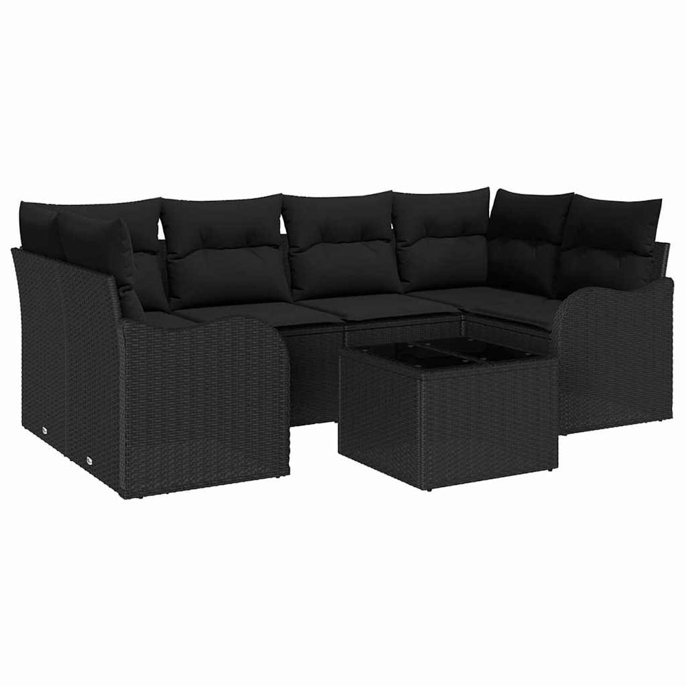 7-piece garden sofa set with cushions in black rattan