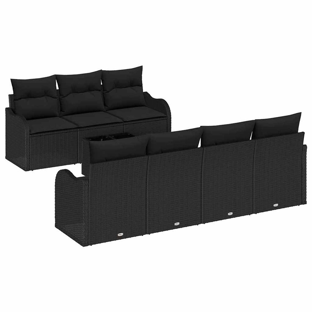 8-piece garden sofa with black cushions, made of poly rattan