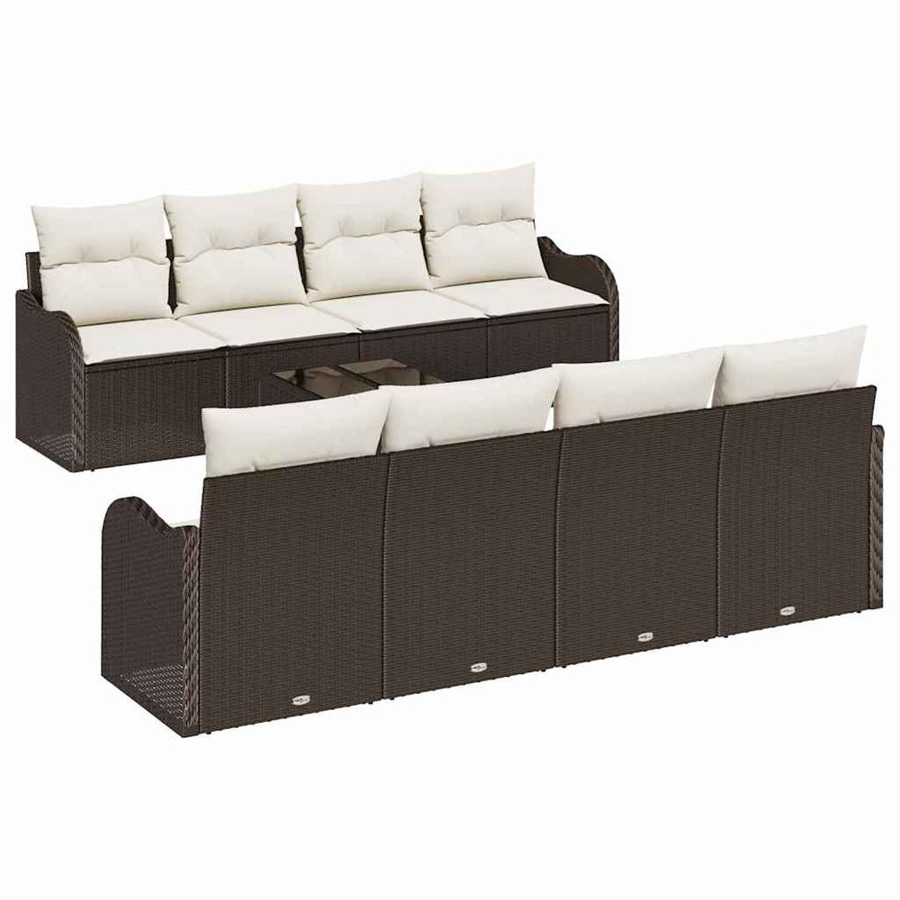 9-piece garden sofa set with cushions, brown poly rattan