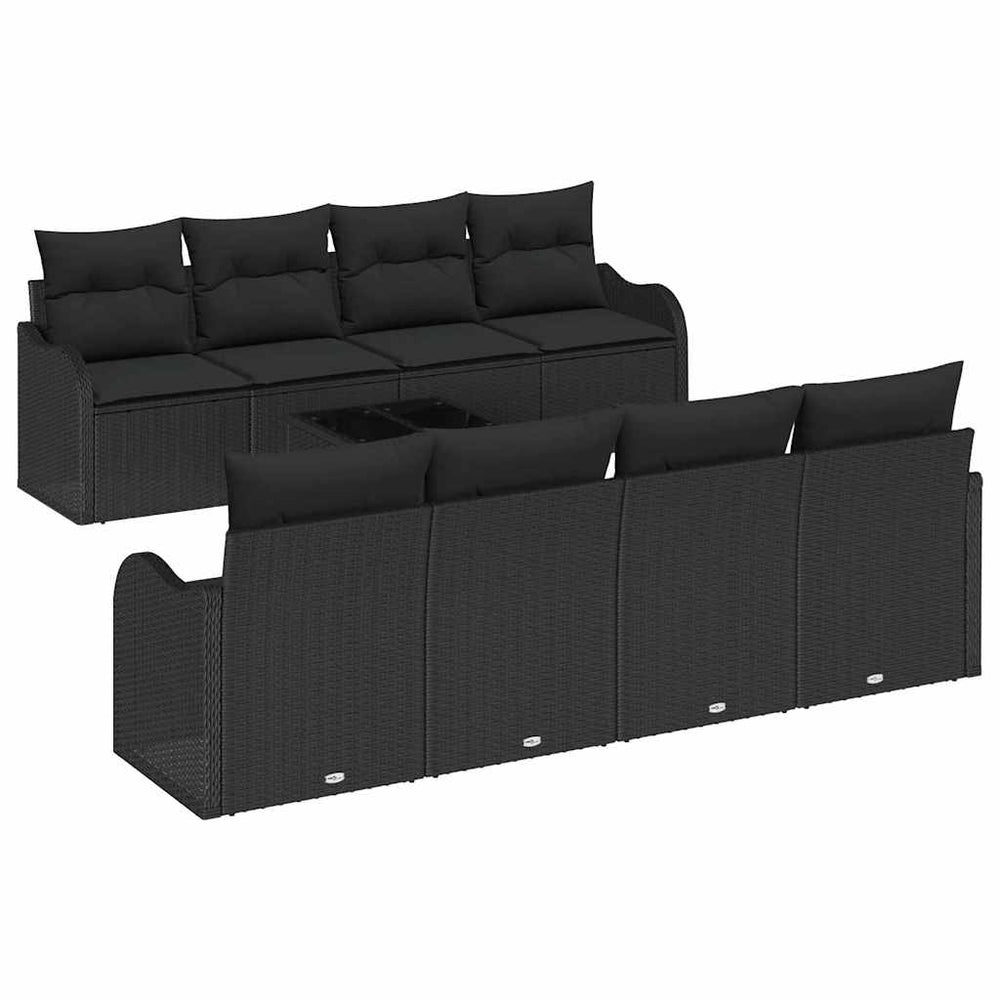9-piece garden sofa set with cushions, black poly rattan