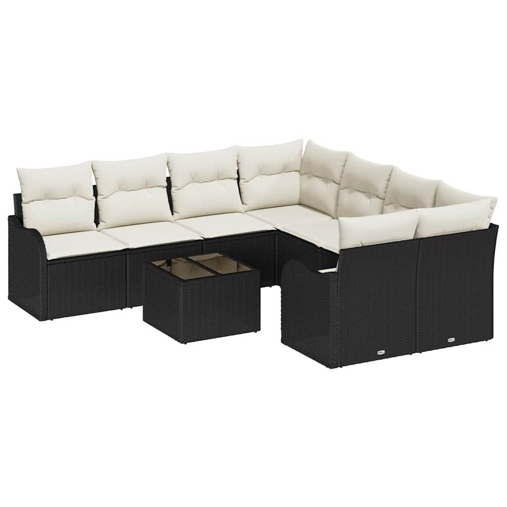 9-piece garden sofa set with cushions, black poly rattan