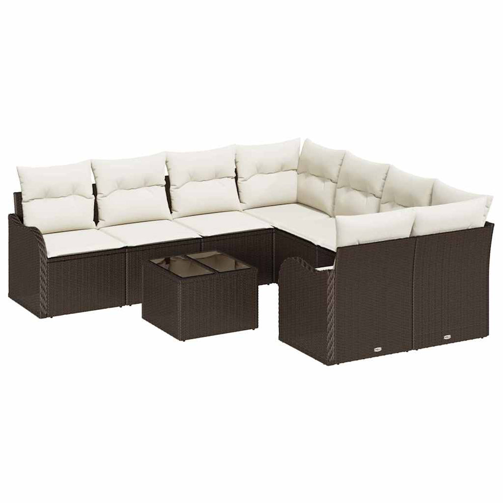 9-piece garden sofa set with cushions, brown poly rattan