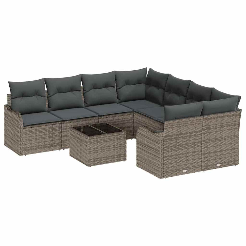 9-piece garden sofa set with cushions, grey poly rattan