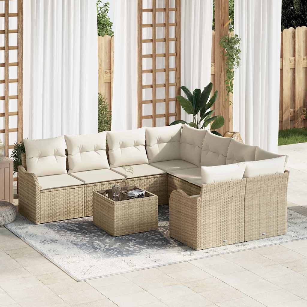 9-piece garden sofa set with cushions, beige poly rattan