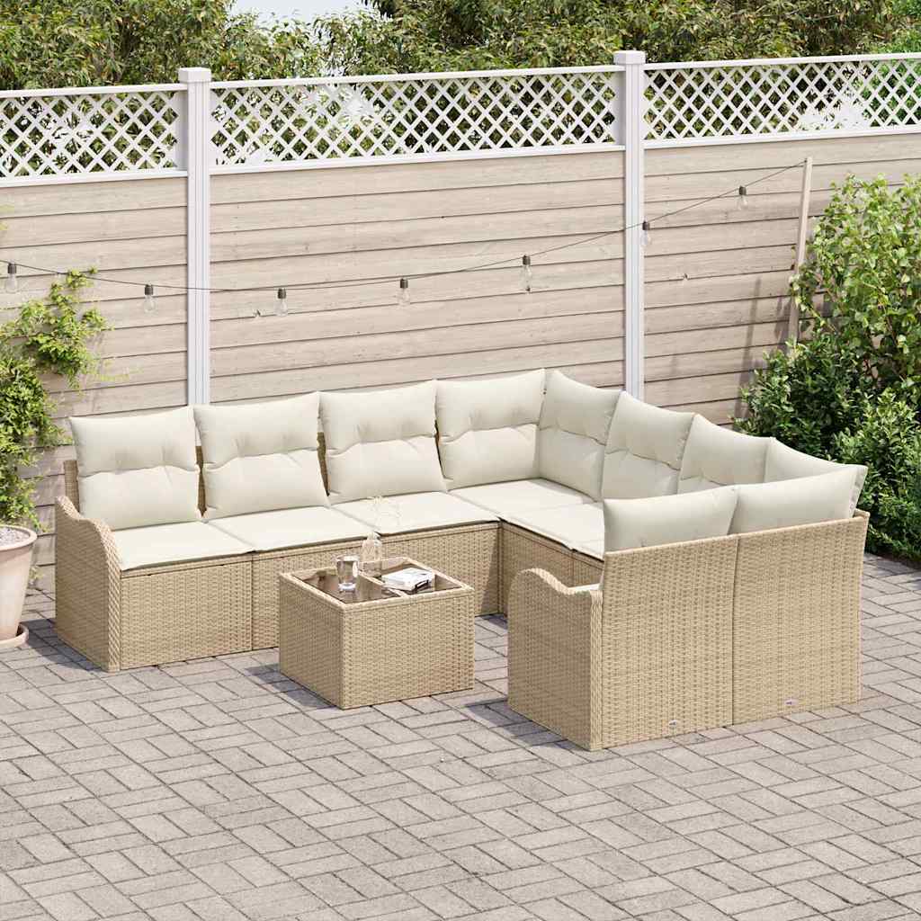 9-piece garden sofa set with cushions, beige poly rattan