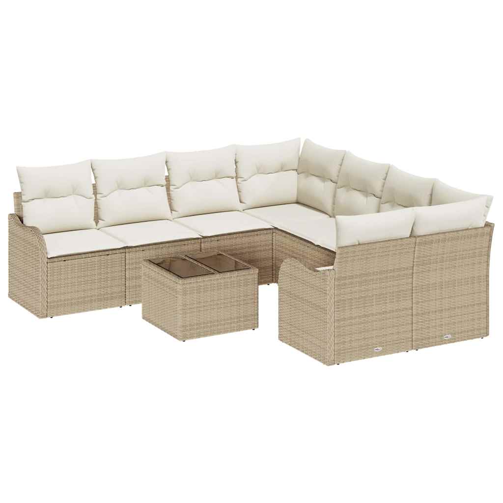 9-piece garden sofa set with cushions, beige poly rattan