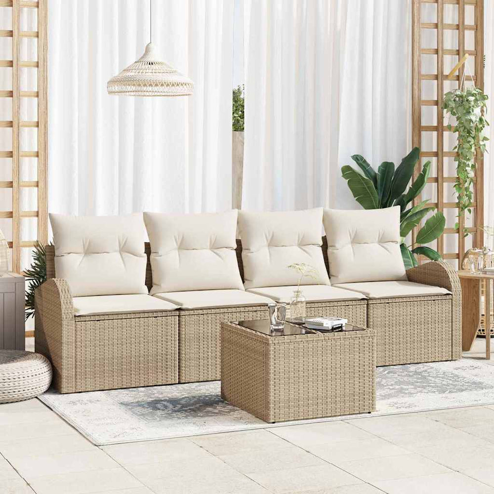 5 Vnt. Sodo Sofų Komplektas su Pagalvėlėmis, Smėlio Spalvos, Poly Rattan