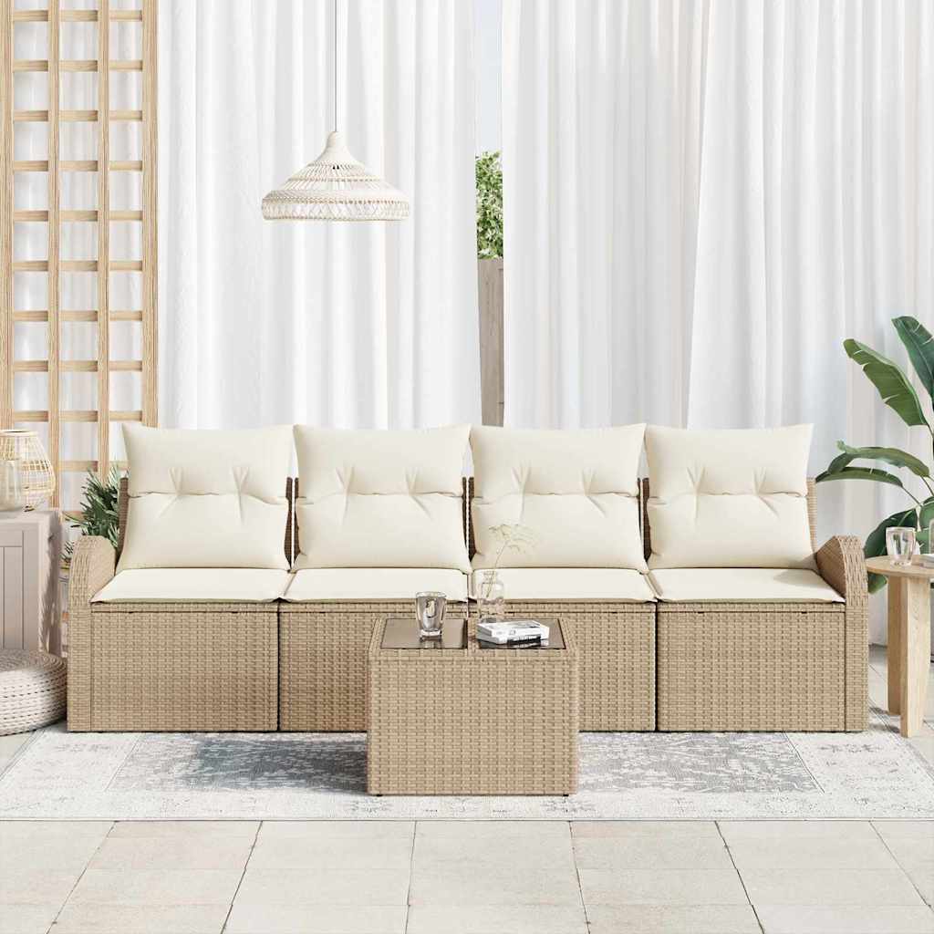 5 Vnt. Sodo Sofų Komplektas su Pagalvėlėmis, Smėlio Spalvos, Poly Rattan
