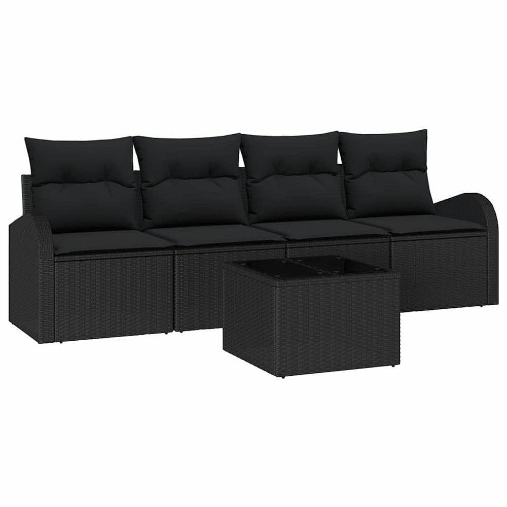 5-Piece Garden Sofa Set with Cushions Black Poly Rattan