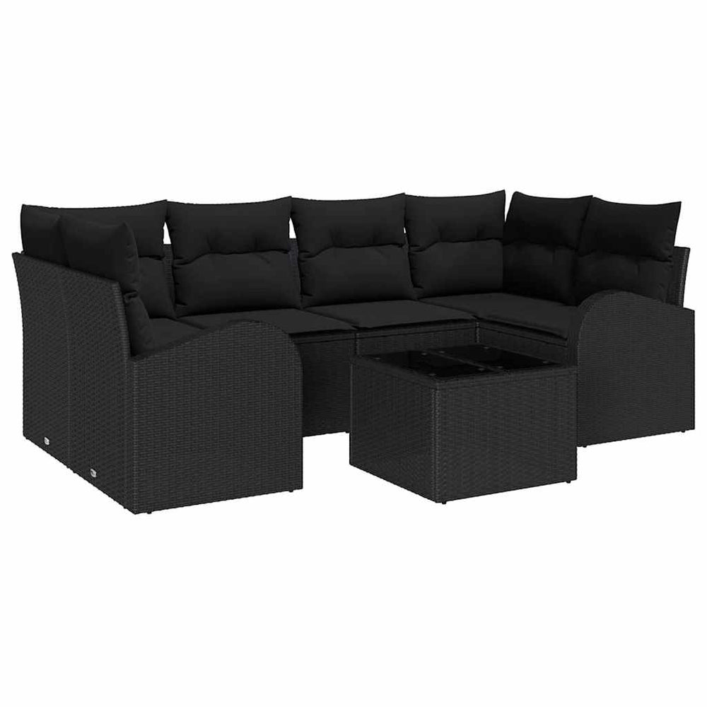 7-Piece Garden Sofa Set with Cushions, Black Poly Rattan