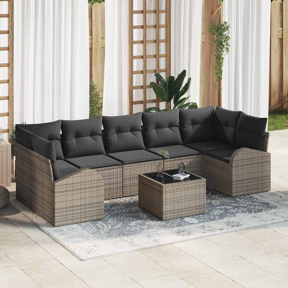 8 dalių sodo sofasetė su pilkos spalvos pagalvėlėm iš poli ratanas