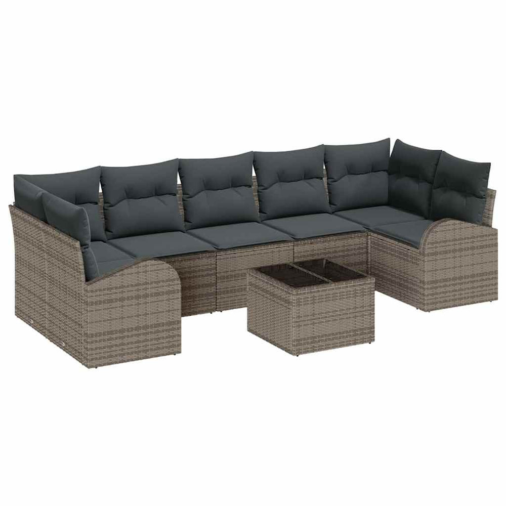 8-piece garden sofa set with grey cushions in poly rattan