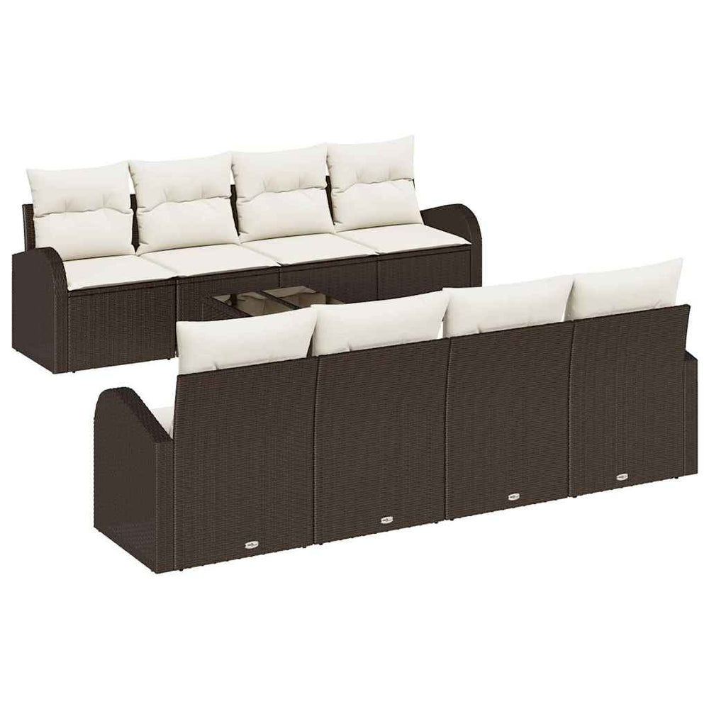 9-piece garden sofa set with cushions, brown poly rattan