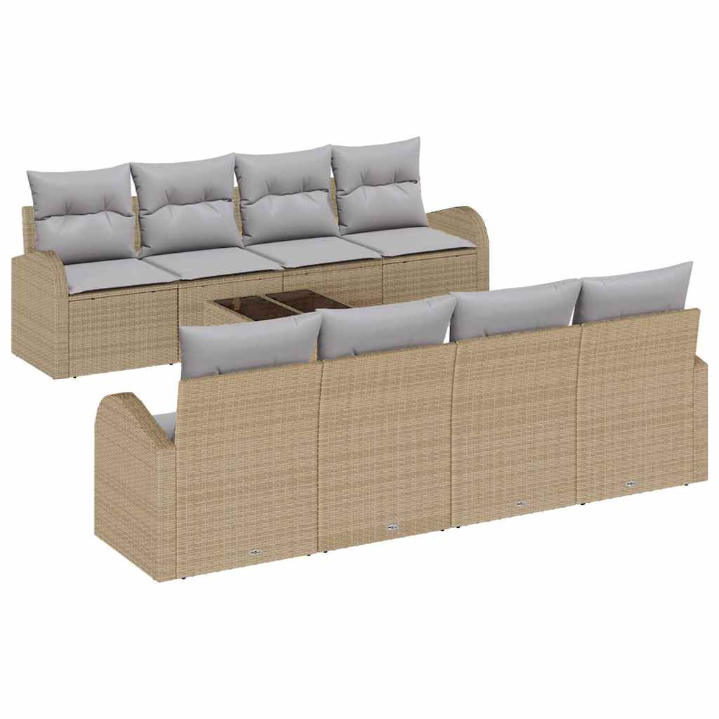 9 dalių sodo sofa komplektas su smėlio spalvos pagalvėlėmis iš poli ratanas