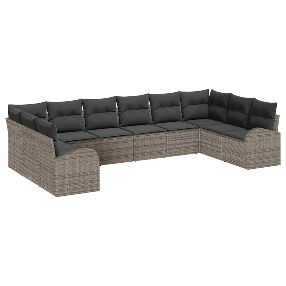 10-piece garden sofa set with cushions, grey, poly rattan