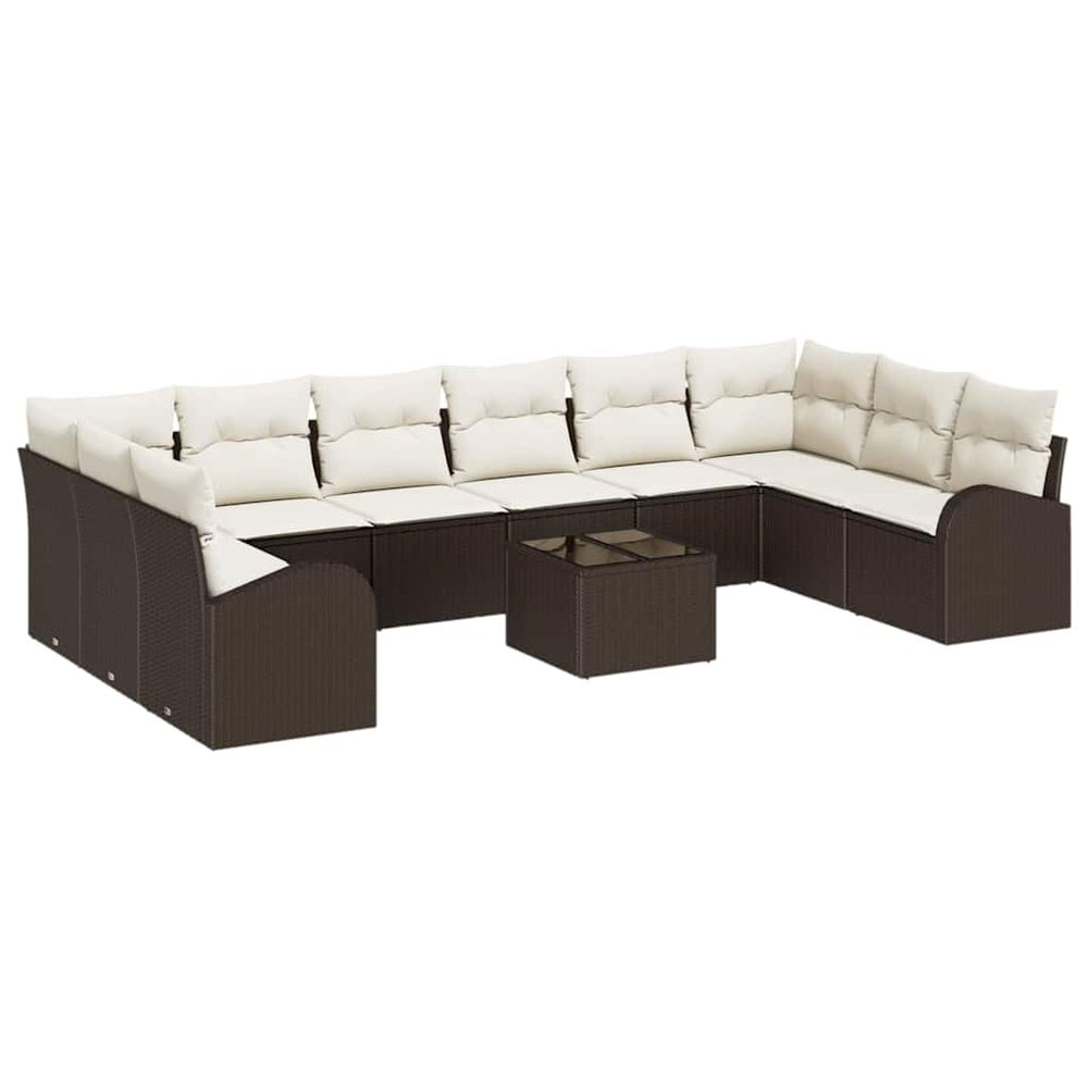 10-piece garden sofa set with grey cushions in poly rattan.