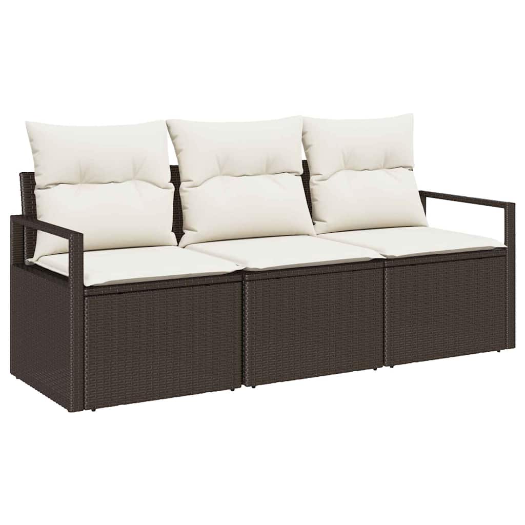 3-piece sofa set with cushions, brown poly rattan.