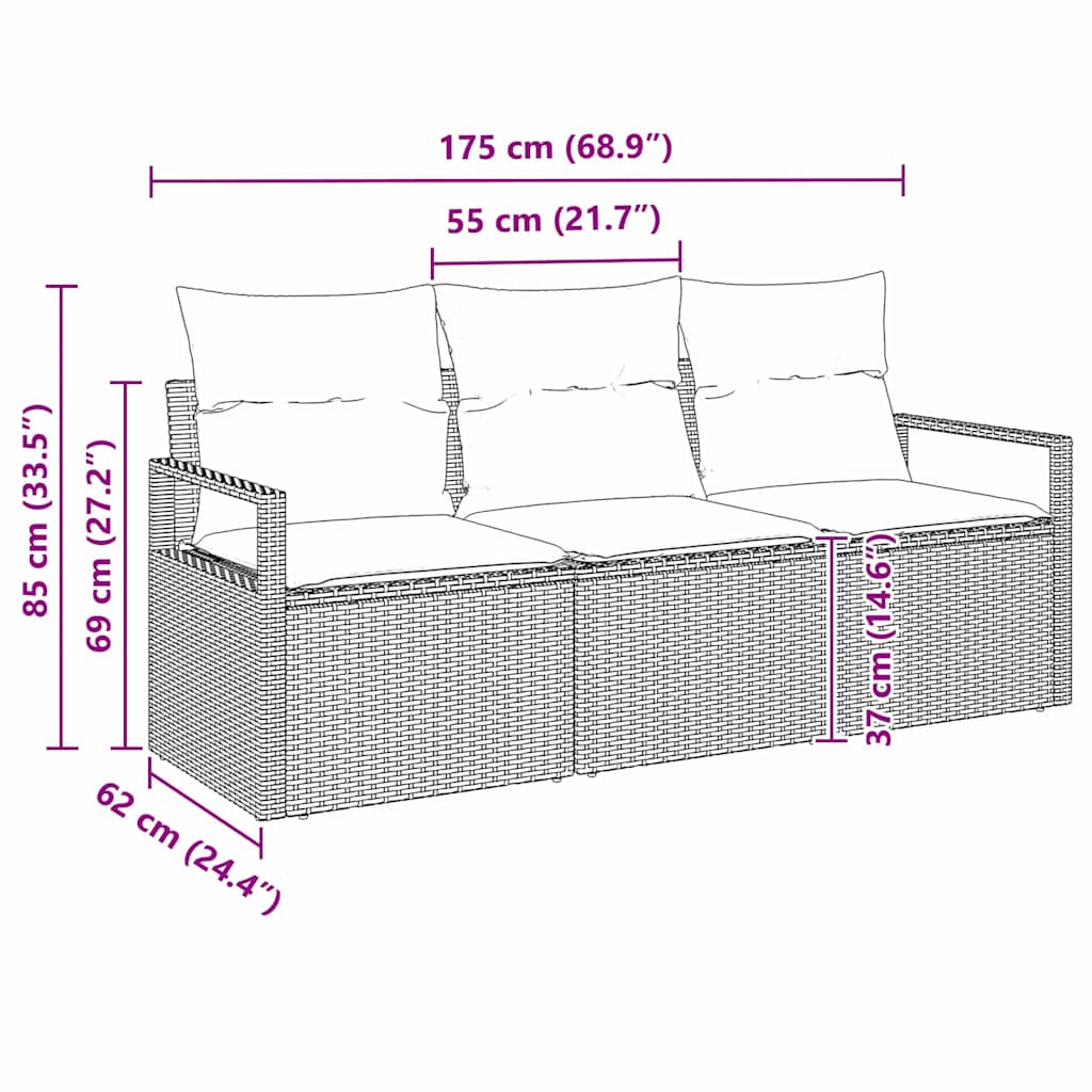 3-piece sofa set with cushions, brown poly rattan.