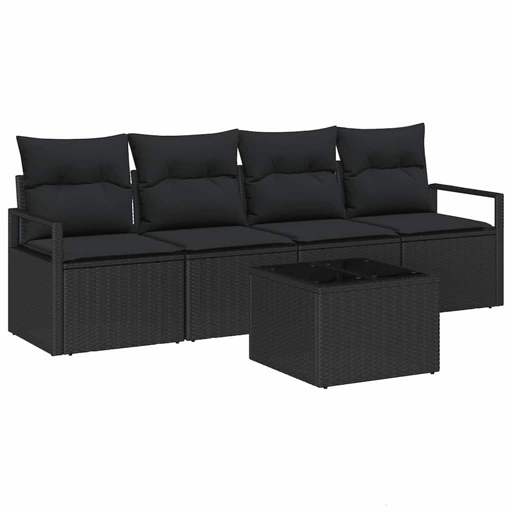 5-piece garden sofa set with cushions, black poly rattan